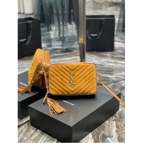 FOTOAPARÁTKA Yves Saint Laurent LOU Z PROŠÍVANÉHO SEMIŠE A HLADKÉ KŮŽE 520534 hnědá