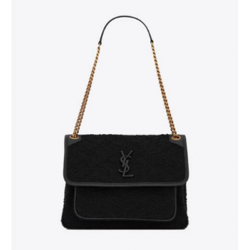 Yves Saint Laurent NIKI MEDIUM SLUNEČNÍ BRAŠNY Z BOUCLE TVÍDU A HLADKÉ KŮŽE 469013 černá